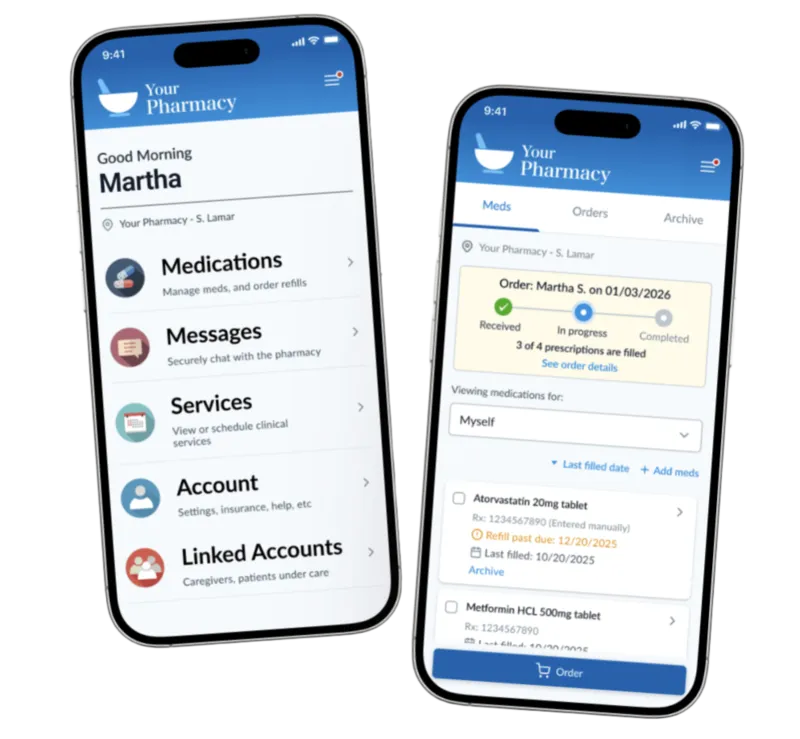 Patient portal app shown on a phone — home screen with medications, messages and services