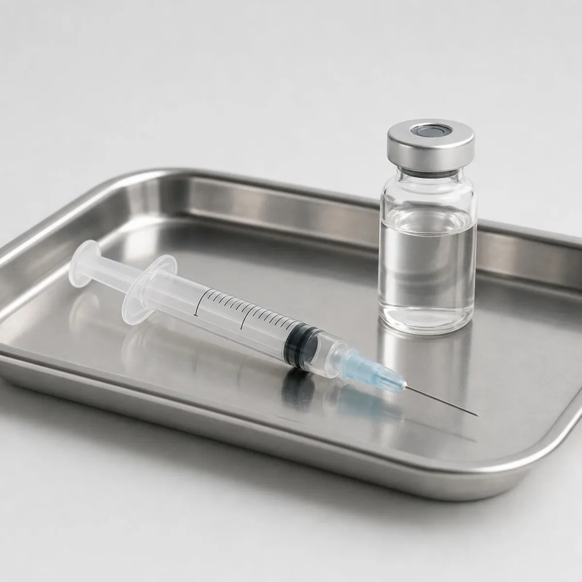 A syringe and vaccine vial on a stainless steel tray