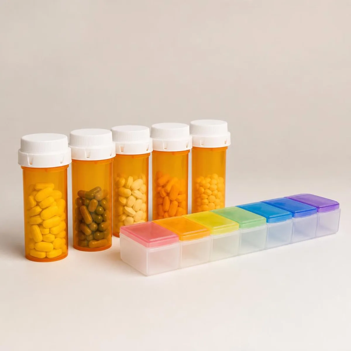 Prescription bottles lined up beside a weekly pill organizer