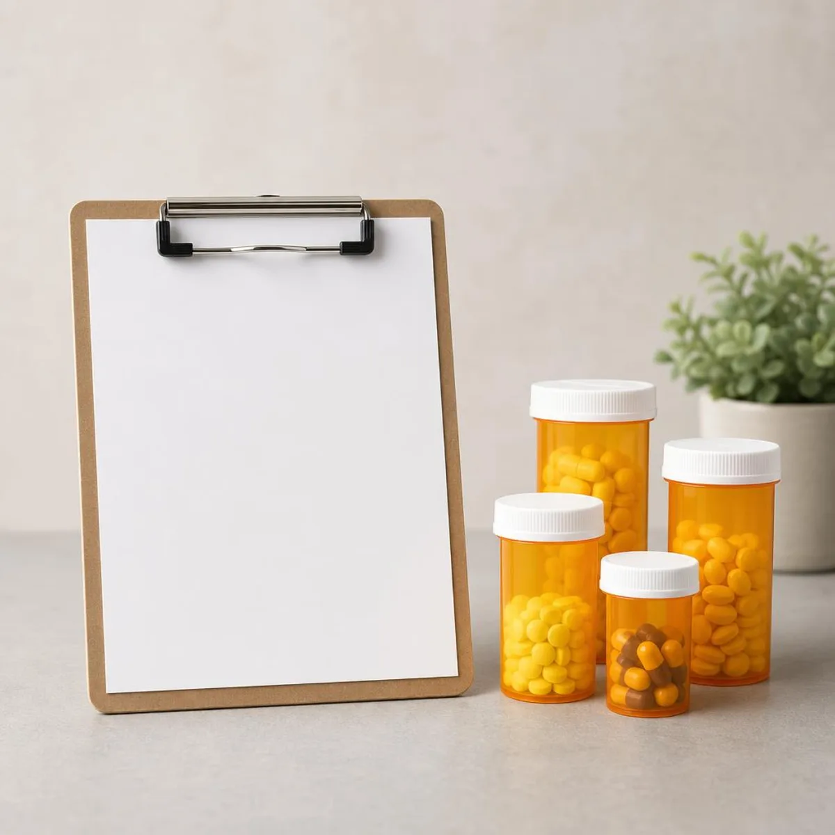 A clipboard checklist beside prescription pill bottles