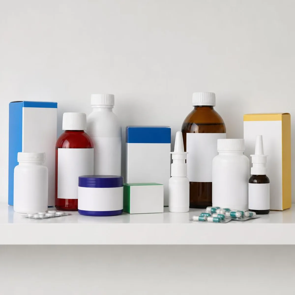 An assortment of over-the-counter medicine bottles and boxes