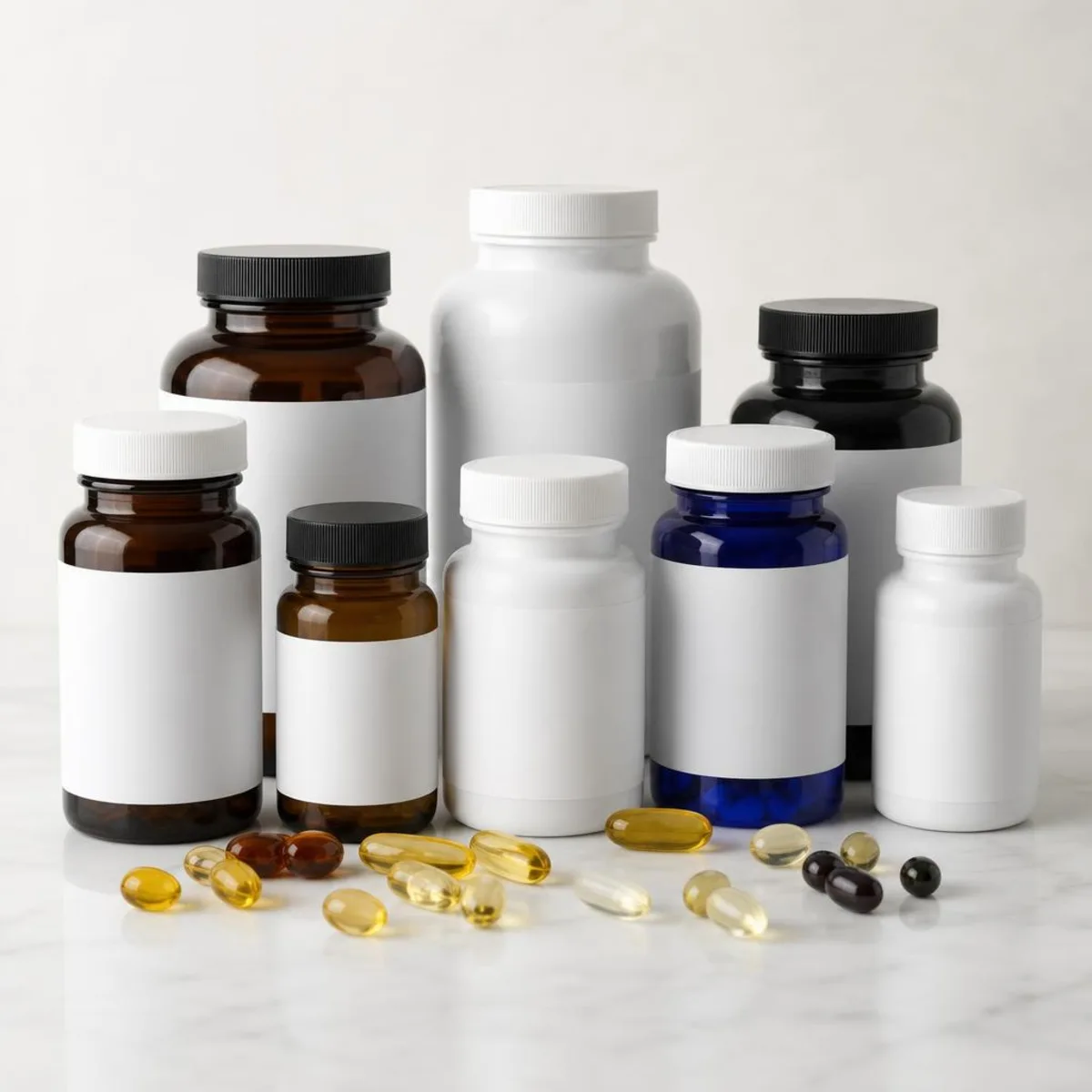 Vitamin and supplement bottles with softgel capsules
